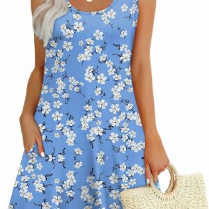 Women's U-Neck Sleeveless Floral Swing Summer Sundress with Pockets