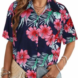 Women's V-Neck Short-Sleeve Tropical Print Hawaiian Blouse